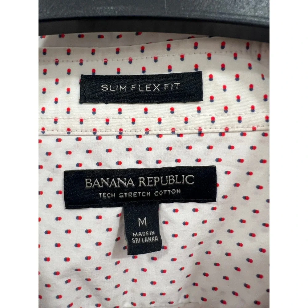Banana Republic Button Down Shirt Mens Medium White Red Polka Dot Slim Flex Fit